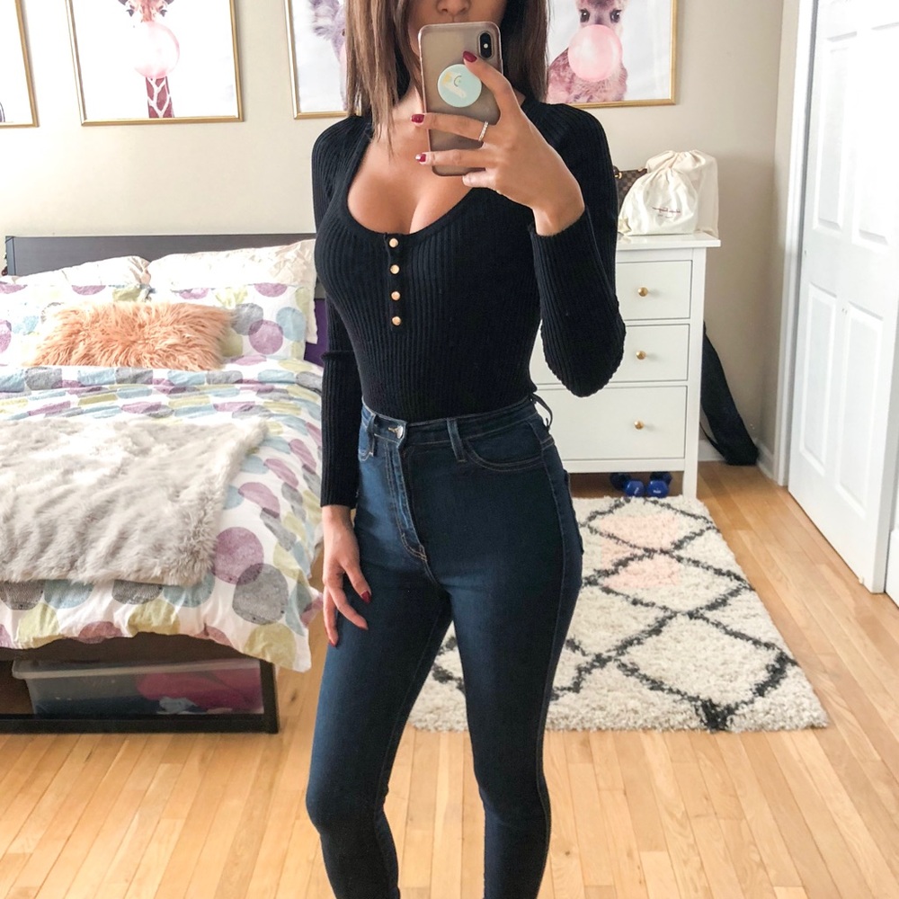 Black Long Sleeve Button Bodysuit